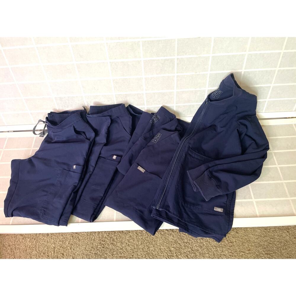 FIGS Bundle 5-Piece Scrub Set XS Tops + Bellery Jacket and S Pants Navy Blue